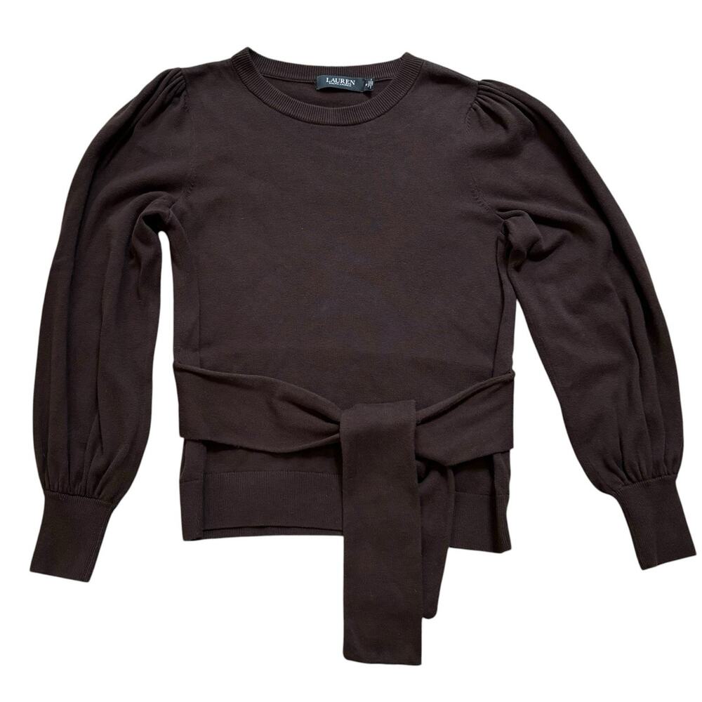 Lauren Ralph Lauren Brown Puff Sleeve Belted Crew Neck Sweater Brown Slim Medium - Picture 2 of 7